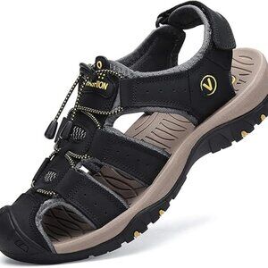 FLARUT Men's US 7-12 Black Sport Sandals Outdoor Hiking Sandals Closed Toe Leath